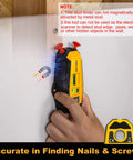 Compact 2-in-1 Line Laser Level With Magnetic Stud Finder used on a drywall, showing bubble vials and bright laser for precision.