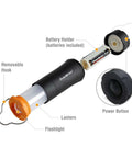 Exploded view of 2 In 1 Mini Lanterns And Flashlights With 3 Modes And Zoomable LED Beams, showing removable hook, battery holder, and power button.