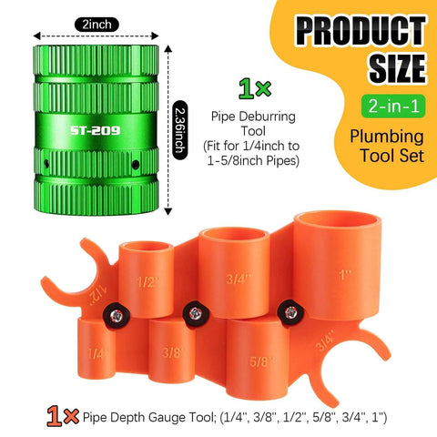 2 In 1 Plumbing Tool Kit With Deburring Tool And Depth Gauge For Copper PEX PVC CPVC Brass And Aluminum Tubing From Quarter Inch To One And Five Eighths Inch Deburring Range And Quarter Inch To One Inch Depth Gauge Great For Pros And DIYers.