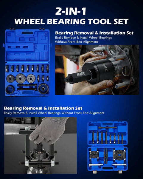 2-in-1 Wheel Bearing Tool Set display, featuring Bearing Press Kit, Front Wheel Bearing Removal Kit with Sliding Screws Sleeves.