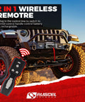 Jeep with 12000lb New Waterproof Electric Steel Rope Winch 12V and 2 in 1 Wireless Remote Control showcased in off-road setting.
