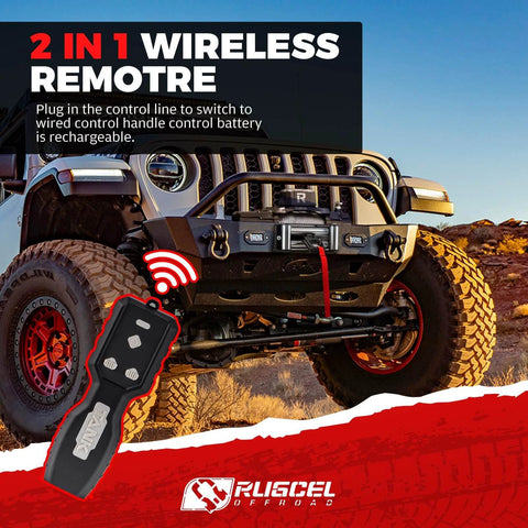 Jeep with 12000lb New Waterproof Electric Steel Rope Winch 12V and 2 in 1 Wireless Remote Control showcased in off-road setting.