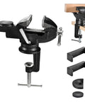 2 Inch Table Vise With Anvil And Swivel Base Universal Cast Steel Bench Vise for woodworking, shown installed on workbench