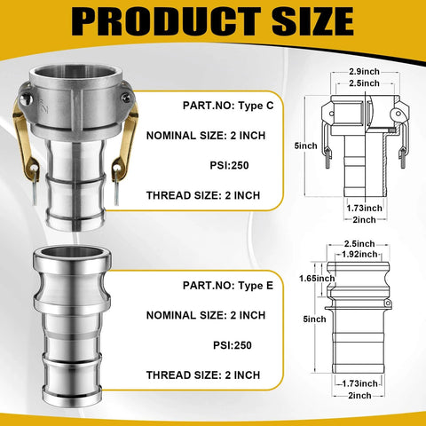 Workhorse All In One 2 Inch Camlock Fittings Kit Type C And E Aluminum Cam And Groove Hose Fittings Set Display
