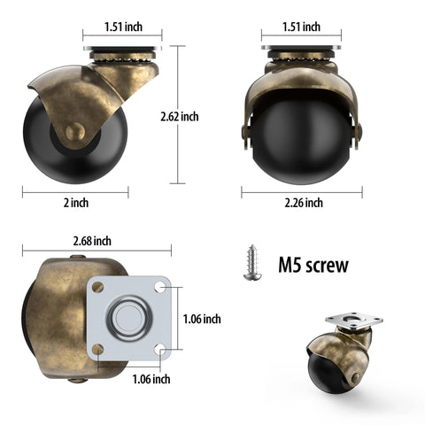 2 Inch Antique Brass Ball Casters Without Brake Vintage Swivel Plate Caster Wheels Set of 4 dimensions and components display