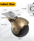 Close-up of 2 Inch Ball Caster Wheels Heavy Duty Set of 4 Brass Antique Style Top Plate Casters 360 Degree Swivel, showing dimensions
