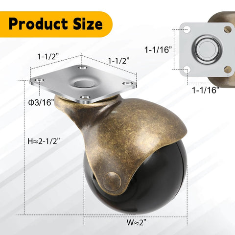 Close-up of 2 Inch Ball Caster Wheels Heavy Duty Set of 4 Brass Antique Style Top Plate Casters 360 Degree Swivel, showing dimensions