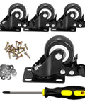 2 Inch Caster Wheels Heavy Duty Set of 4 Locking Swivel Casters with Top Plate Non Marking Black TPR Wheels with screws, washers, and screwdriver