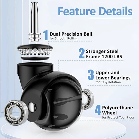 2 Inch Ball Caster Wheels Stem Casters Set Of 4 Heavy Duty 1200 Lb Capacity 360 Degree Swivel Non Marking Polyurethane Black Replacement Castors For Furniture Cabinets Carts And Coffee Tables Premium Black details