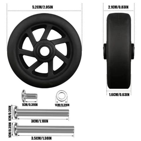 2 Inch Wear Resistant Mute Luggage Replacement Wheels Set with 4 Rubber Swivel Casters measuring 52 x 18 mm shown with detailed dimensions.