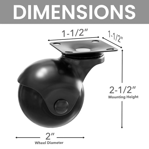 Dimensions of 2 Inch Caster Wheels for Furniture Set of 4 Heavy Duty Swivel Plate Casters Black Polypropylene Wheels with Steel Plates