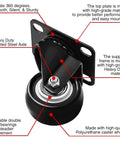 Close-up of black polyurethane 2 inch caster wheel with swivel plate, highlighting features like steel axle, for furniture and carts.