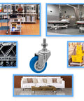 2 Inch Blue Caster Wheel With Three Eighths Inch To One Point Two Inch Threaded Stem Mount Polyurethane Non Marking Silent 360 Degree Swivel 65 Lb Capacity Per Wheel Pack Of 4 Ideal Replacement For Carts Trolleys And Equipment against various usage backgrounds, including hospital, restaurant, warehouse, and home furniture.