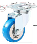 24 pack 2 inch swivel plate caster wheels with blue polyurethane, close-up view showing locking mechanism and dimensions.