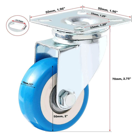 24 pack 2 inch swivel plate caster wheels with blue polyurethane, close-up view showing locking mechanism and dimensions.