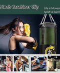Collage showing 2 Inch Carabiner Clip in gym settings with fitness equipment and exercising individuals, highlighting versatility.
