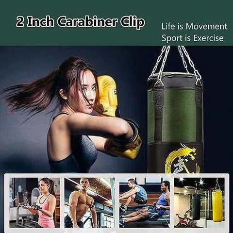 Collage showing 2 Inch Carabiner Clip in gym settings with fitness equipment and exercising individuals, highlighting versatility.