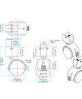 Technical drawing of 2 Inch Wheel Diameter Hooded Twin Wheel Caster with Brake and U Clip Stem for Heavy Duty Furniture installation.