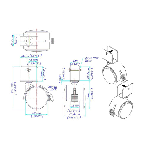 Technical drawing of 2 Inch Wheel Diameter Hooded Twin Wheel Caster with Brake and U Clip Stem for Heavy Duty Furniture installation.