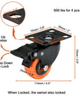 2 inch heavy duty caster wheels set of 4 with locking brakes orange polyurethane top plate swivel casters rated 600 lb total