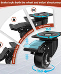 Two Inch Heavy Duty Caster Wheels Set Of Four With Brakes Locking Industrial Swivel Top Plate Casters, showing 360° rotation and brake locks.