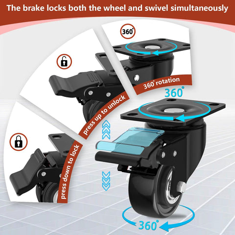 Two Inch Heavy Duty Caster Wheels Set Of Four With Brakes Locking Industrial Swivel Top Plate Casters, showing 360° rotation and brake locks.