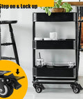 Black cart with step-on brake, featuring 2 inch heavy duty caster wheels set of 4 rated 600 lb total silent swivel casters with locking brakes.