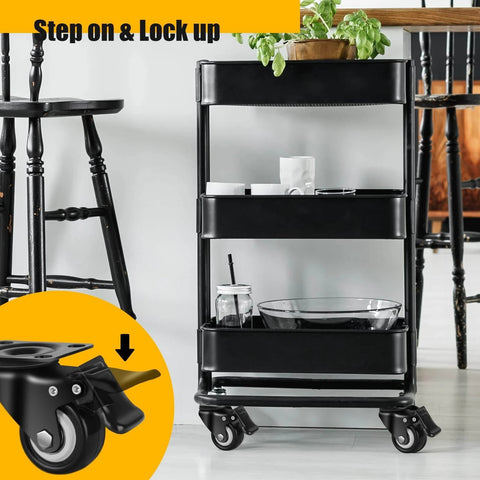 Black cart with step-on brake, featuring 2 inch heavy duty caster wheels set of 4 rated 600 lb total silent swivel casters with locking brakes.