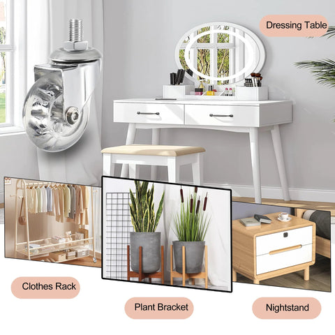 2 Inch Stem Caster Wheels With M8x15mm Threaded Stem 360 Degree Swivel Crystal Clear Soft Polyurethane Wheels for carts, furniture installation shown.