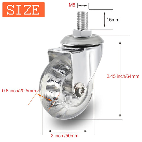 2 Inch Stem Caster Wheels With M8x15mm Threaded Stem 360 Degree Swivel Crystal Clear Soft Polyurethane Wheels For Carts