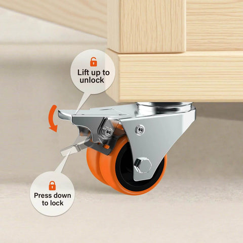 Close-up of a heavy duty double wheeled orange TPE casters with brake from the 2 inch caster wheels set of 64, showcasing locking mechanism.