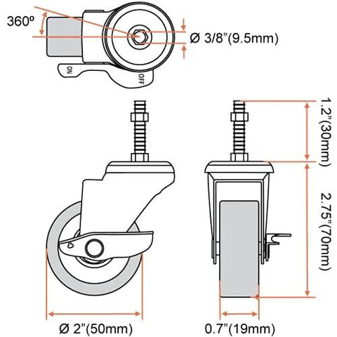 Diagram of 2 Inch Grey Caster Wheel Threaded Stem Mount 3/8 To 1.2 Inch, Dual Locking Brake Locks Both Wheel And Swivel, 360 Degree Swivel