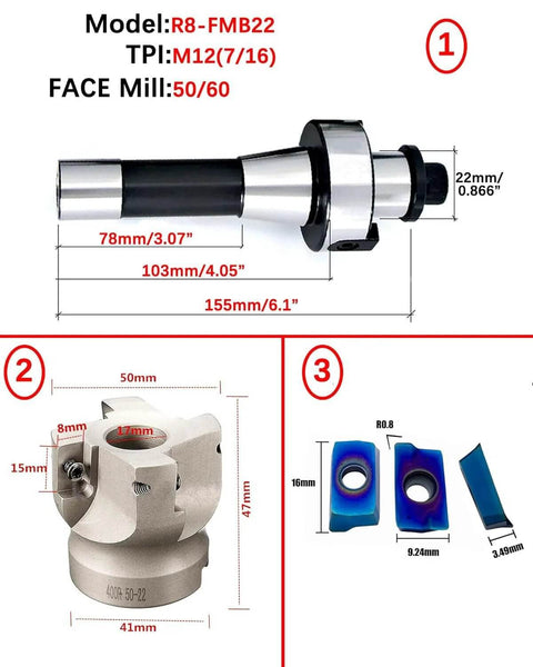 Diagram of 2 Inch Face Mill Arbor with BAP400R 50 22 4T holder and 50mm face milling shell cutter, includes carbide inserts.