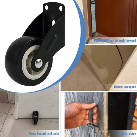 4 Pack 2 Inch Gate Wheels for Wooden Gates with Side Mount Casters Anti Sag Door Bottom Support showing installed wheel and use cases