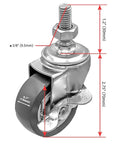 2 Inch Grey Caster Wheel Threaded Stem Mount 3/8 To 1.2 Inch, Dual Locking Brake Locks Both Wheel And Swivel, 360 Degree Swivel