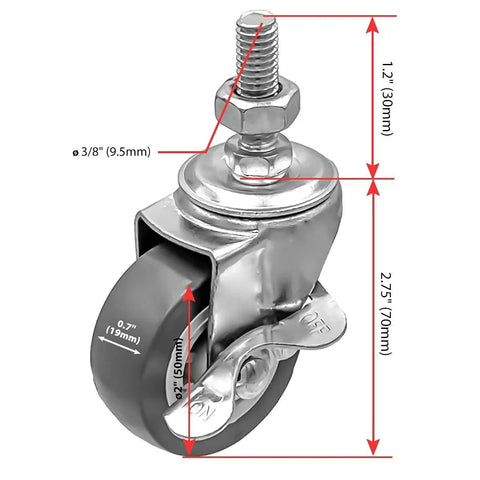 2 Inch Grey Caster Wheel Threaded Stem Mount 3/8 To 1.2 Inch, Dual Locking Brake Locks Both Wheel And Swivel, 360 Degree Swivel