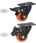 Close-up of 2 inch heavy duty caster wheels with brakes, showing open and lock positions for stability.