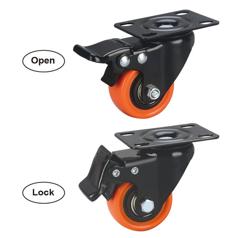 Close-up of 2 inch heavy duty caster wheels with brakes, showing open and lock positions for stability.