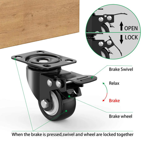 Diagram of 2 Inch Heavy Duty Swivel Caster Wheels Set of 4 with Brake, Dual Locking Swivel Plate Castors, Quiet Polyurethane PU Wheels.