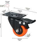 2 inch heavy duty caster wheels with brakes, quiet swivel plate PU casters with orange wheels in a 48 pack, side view showing dimensions.