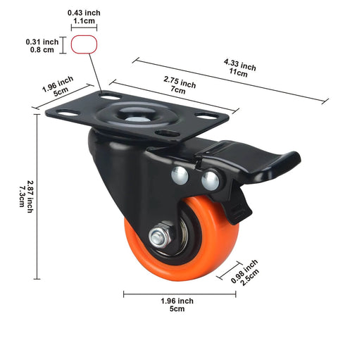 2 inch heavy duty caster wheels with brakes, quiet swivel plate PU casters with orange wheels in a 48 pack, side view showing dimensions.
