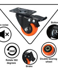 Bottom view of 2 inch heavy duty caster wheels with brakes, quiet swivel plate PU casters with orange wheels in a 48 pack.