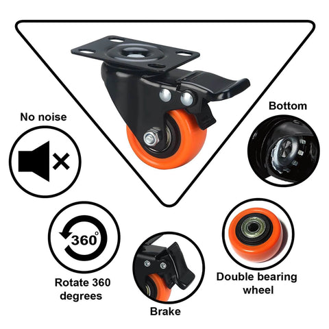 Bottom view of 2 inch heavy duty caster wheels with brakes, quiet swivel plate PU casters with orange wheels in a 48 pack.