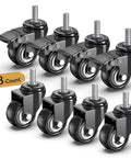 8-pack 2 Inch Stem Caster Wheels Total Locking Set of 8 Heavy Duty Swivel Casters with 3/8 Inch 16 x 1 Threaded Stem, Black PVC Wheels