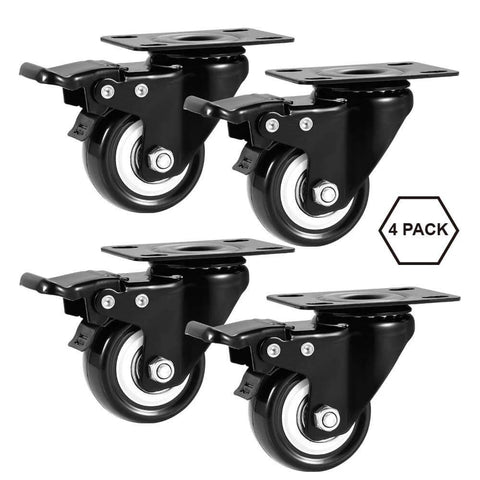 2" Caster Wheels Set of 4, Heavy Duty with Brake - Locking Polyurethane (PU) No Noise Swivel Plate Casters, Pack of 4