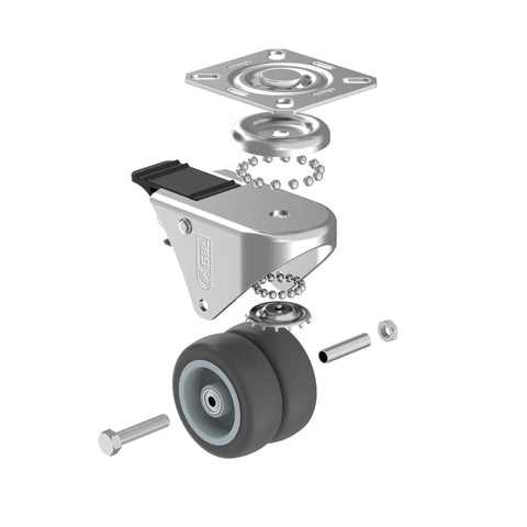 Exploded view of a 2 Inch Heavy Duty Swivel Casters Set Of 4 With 2 Locking Brakes, showing components and screws included.