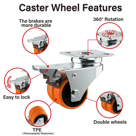 Caster wheel features including 360° rotation, double wheels, TPE material, and locking brake mechanism for 2 inch caster wheels set of 64.