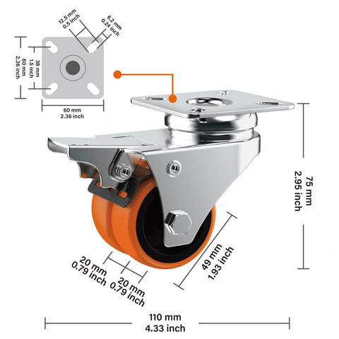 2 inch caster wheels set of 64, heavy duty double wheeled orange TPE casters with brake, close-up side view with dimensions.