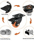 2 inch heavy duty caster wheels set of 4 with locking brakes, orange polyurethane, showing dual locking and silent rolling features