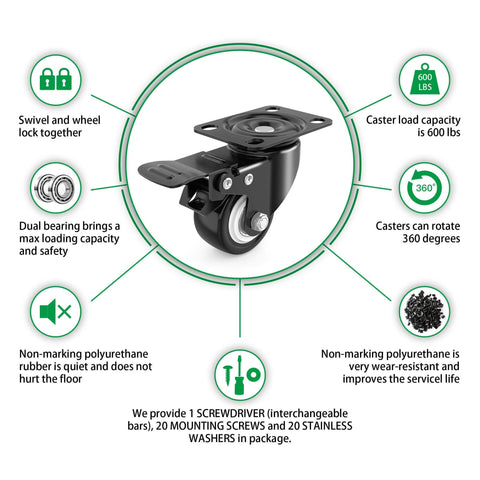 2 Inch Heavy Duty Swivel Caster Wheels Set of 4 with Brake, Dual Locking Swivel Plate Castors, Quiet Polyurethane PU Wheels